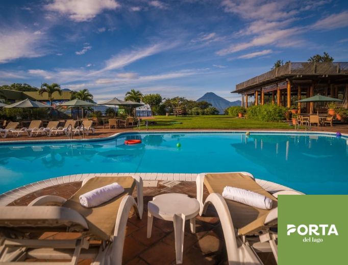 Pool area of Porta Hotel del Lago in Lake Atitlan