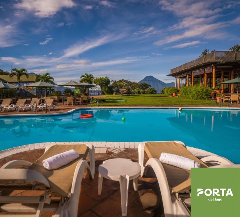 Pool area of Porta Hotel del Lago in Lake Atitlan